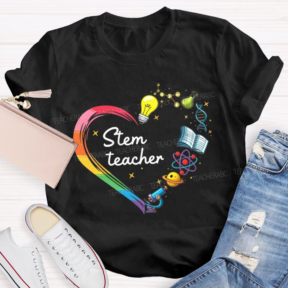 Stem Teacher Rainbow Heart Science Elements Teacher T-shirt