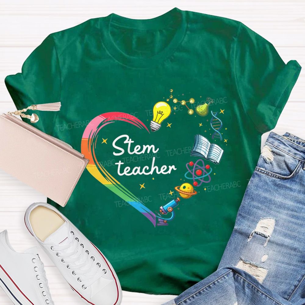 Stem Teacher Rainbow Heart Science Elements Teacher T-shirt