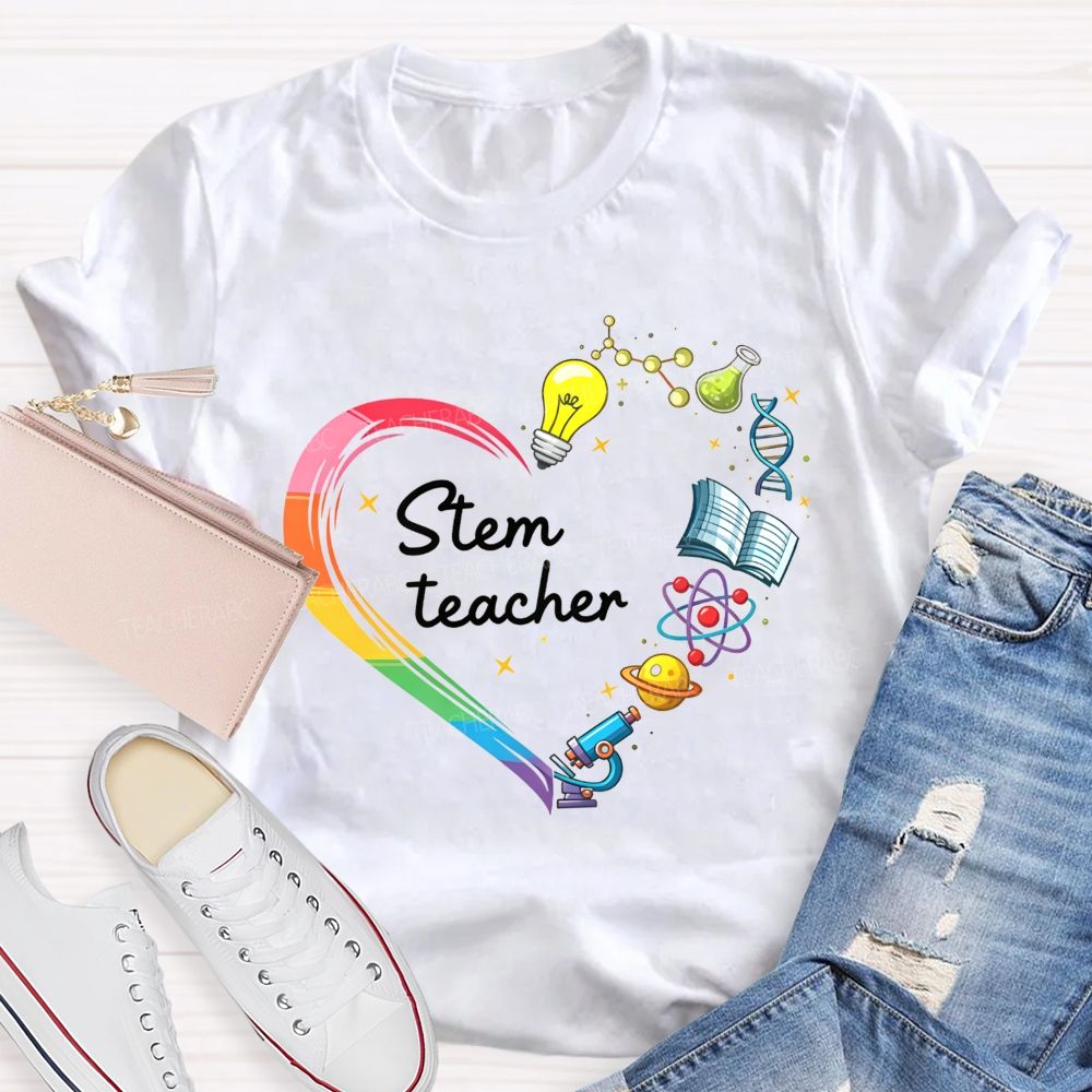 Stem Teacher Rainbow Heart Science Elements Teacher T-shirt