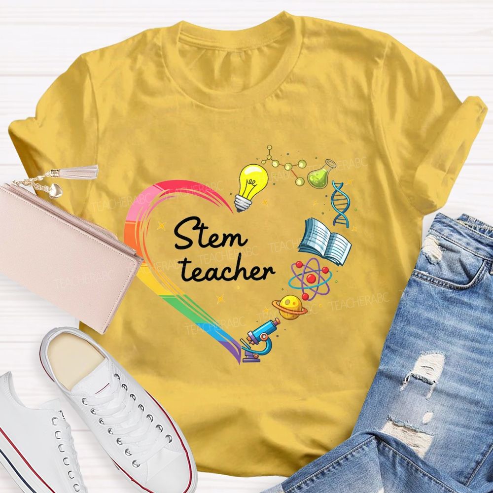 Stem Teacher Rainbow Heart Science Elements Teacher T-shirt