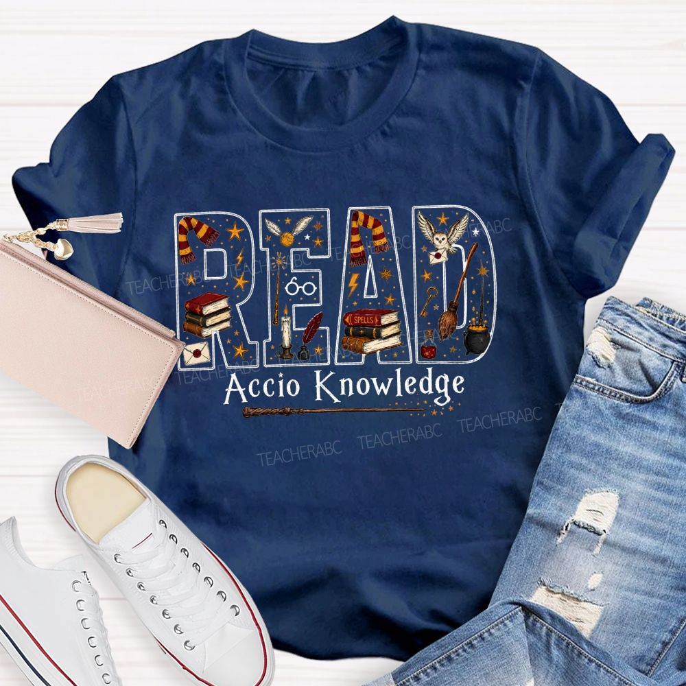 Read Accio Knowledge Halloween Teacher T-shirt
