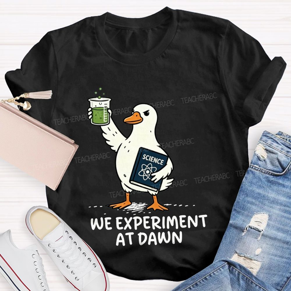 We Experiment At Dawn Science Duck Mode Teacher T-shirt