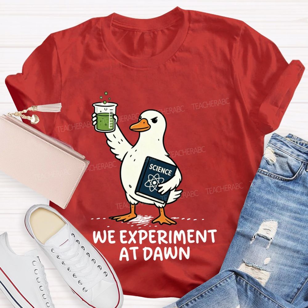 We Experiment At Dawn Science Duck Mode Teacher T-shirt