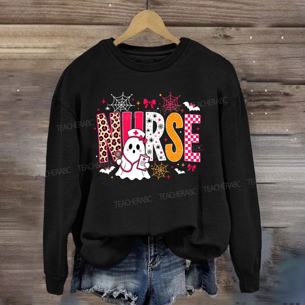 Halloween Nurse Ghost Leopard Checkered Letter Nurse Sweatshirt
