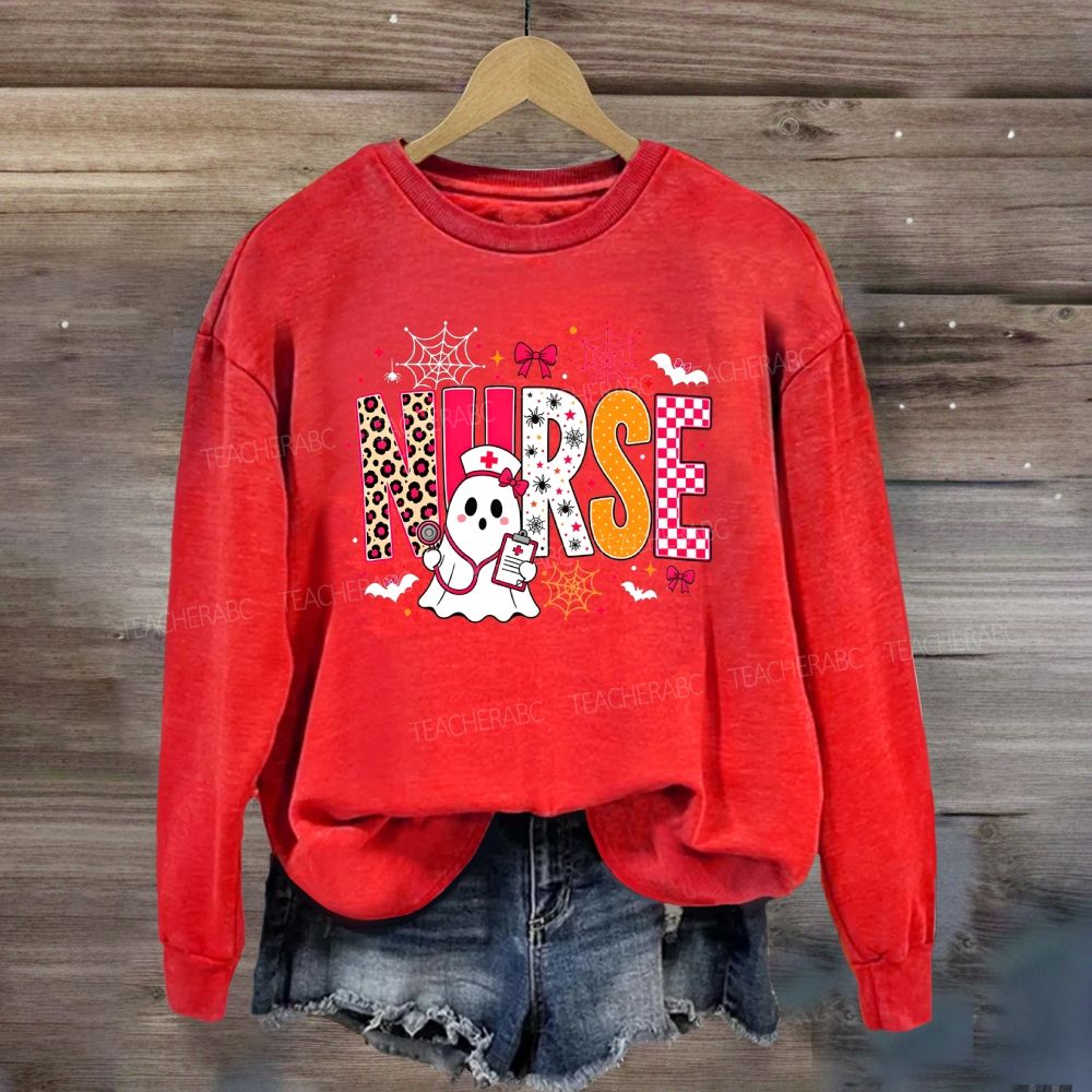 Halloween Nurse Ghost Leopard Checkered Letter Nurse Sweatshirt