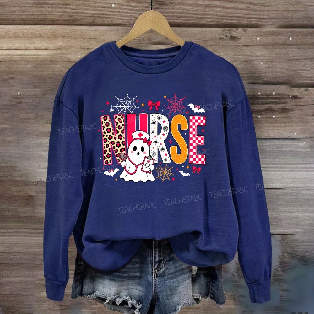 Halloween Nurse Ghost Leopard Checkered Letter Nurse Sweatshirt