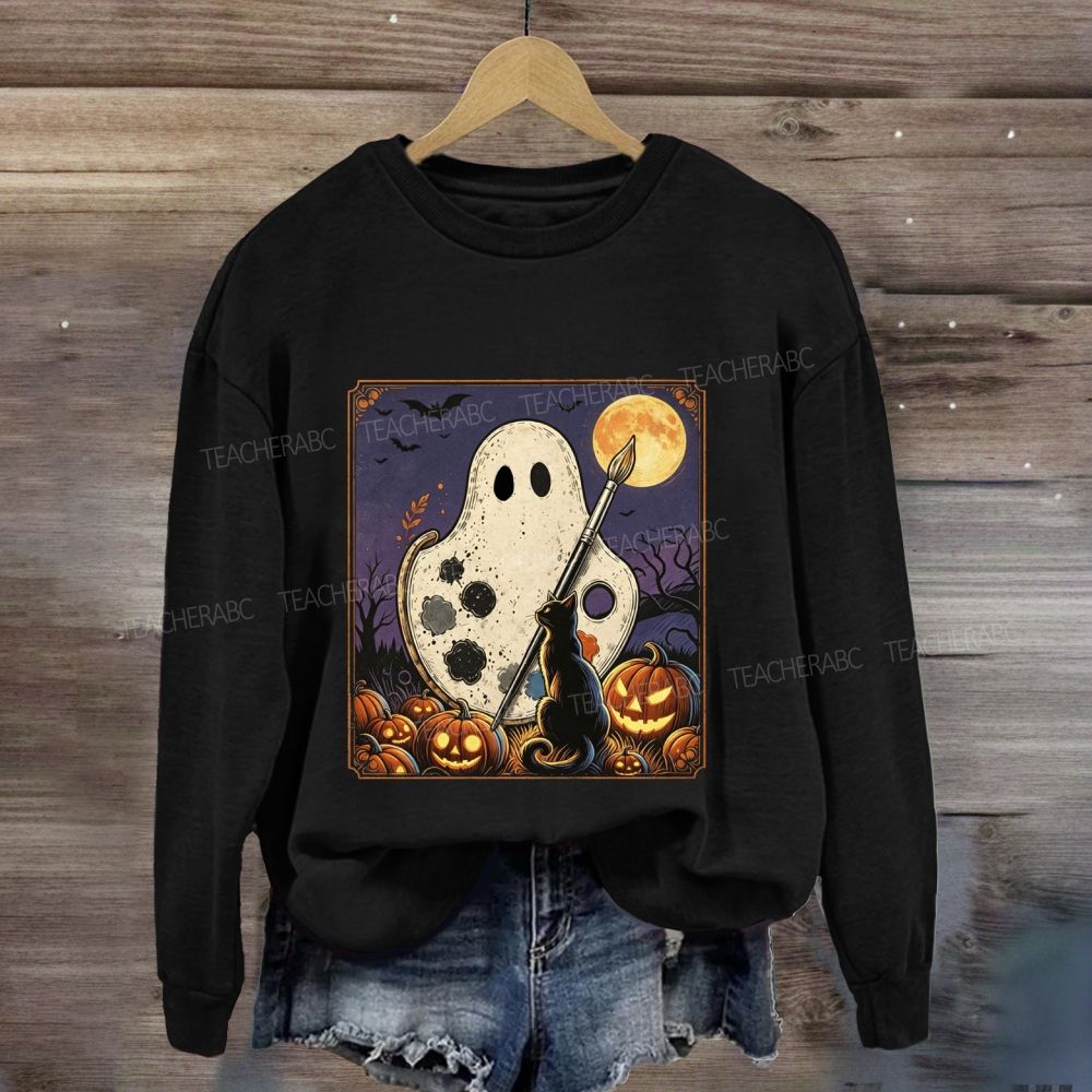 Art Teacher Halloween Ghost Paint Palette Black Cat Pumpkin Sweatshirt