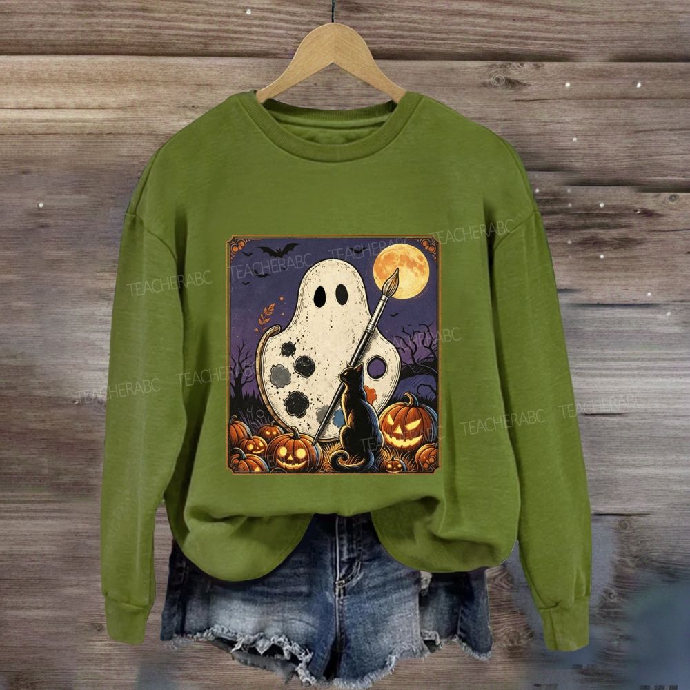 Art Teacher Halloween Ghost Paint Palette Black Cat Pumpkin Sweatshirt