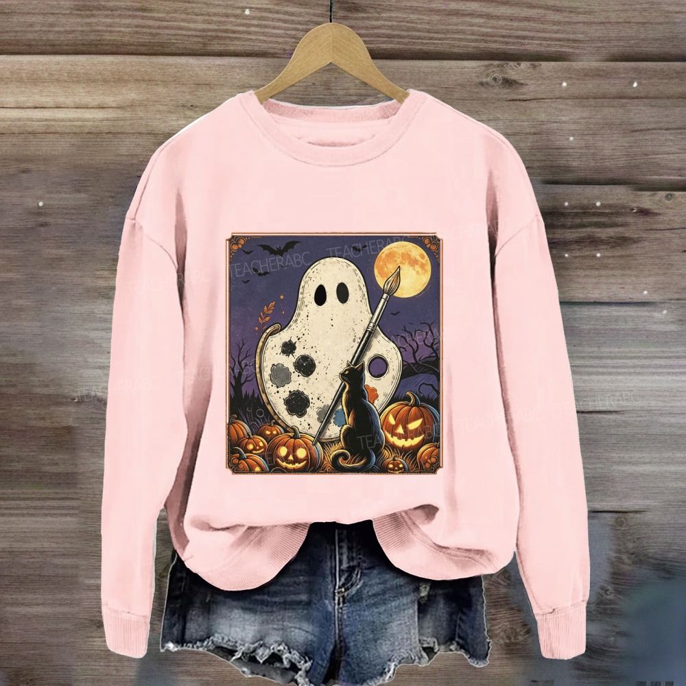 Art Teacher Halloween Ghost Paint Palette Black Cat Pumpkin Sweatshirt