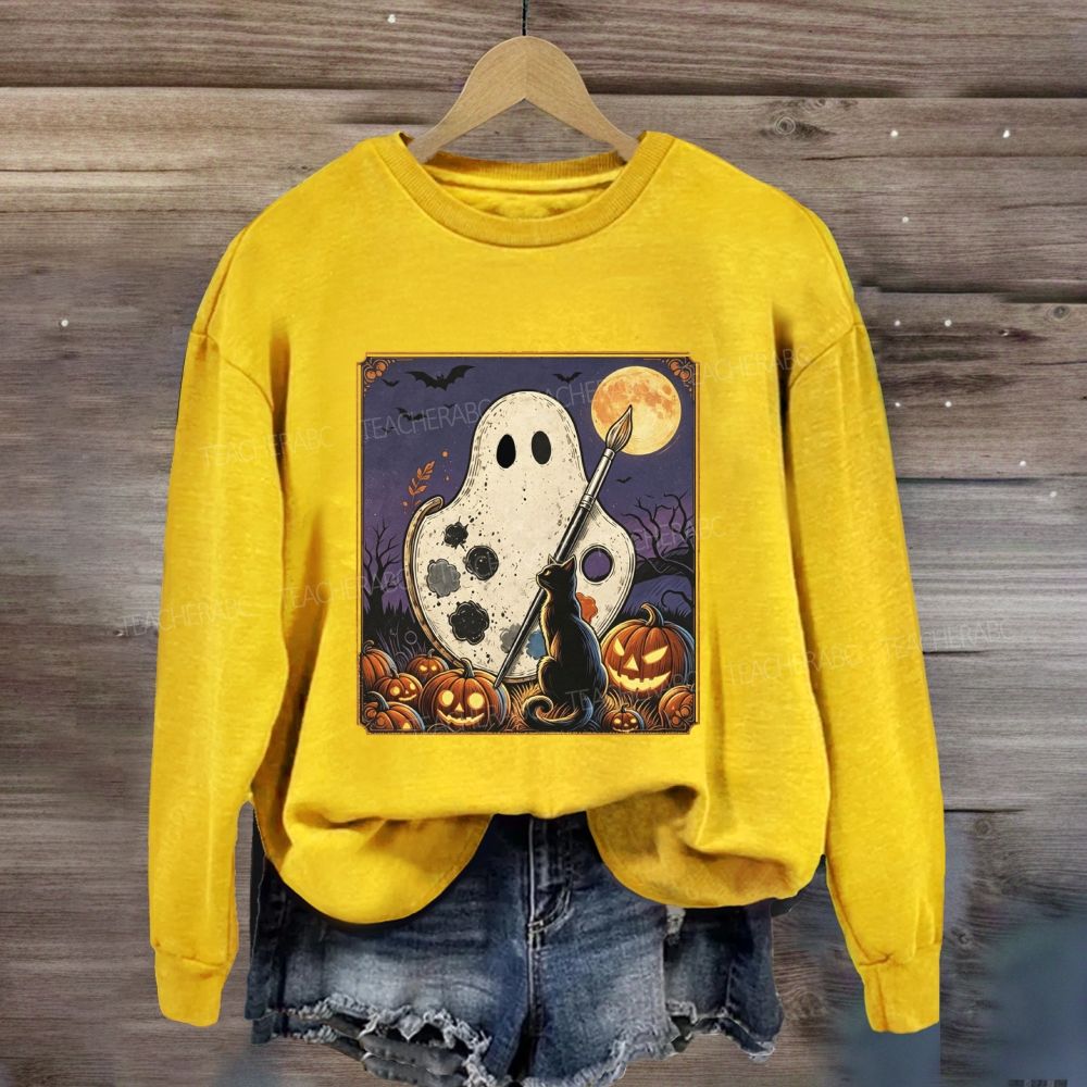 Art Teacher Halloween Ghost Paint Palette Black Cat Pumpkin Sweatshirt