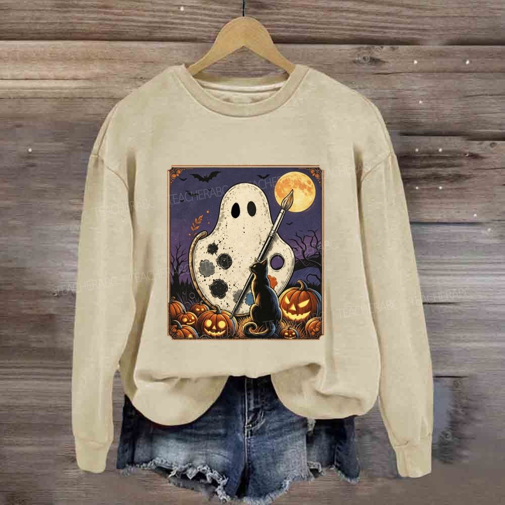 Art Teacher Halloween Ghost Paint Palette Black Cat Pumpkin Sweatshirt