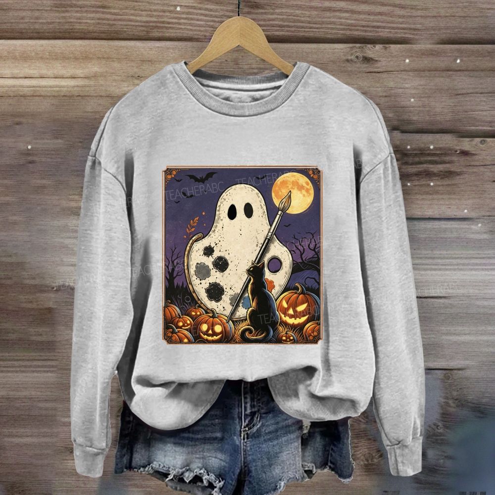 Art Teacher Halloween Ghost Paint Palette Black Cat Pumpkin Sweatshirt