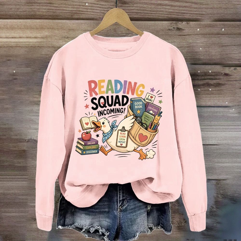 Reading Squad Incoming Colorful Reading Squad Duck With Books Literacy Teacher Sweatshirt