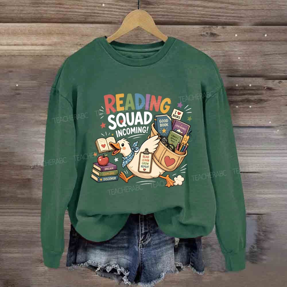Reading Squad Incoming Colorful Reading Squad Duck With Books Literacy Teacher Sweatshirt