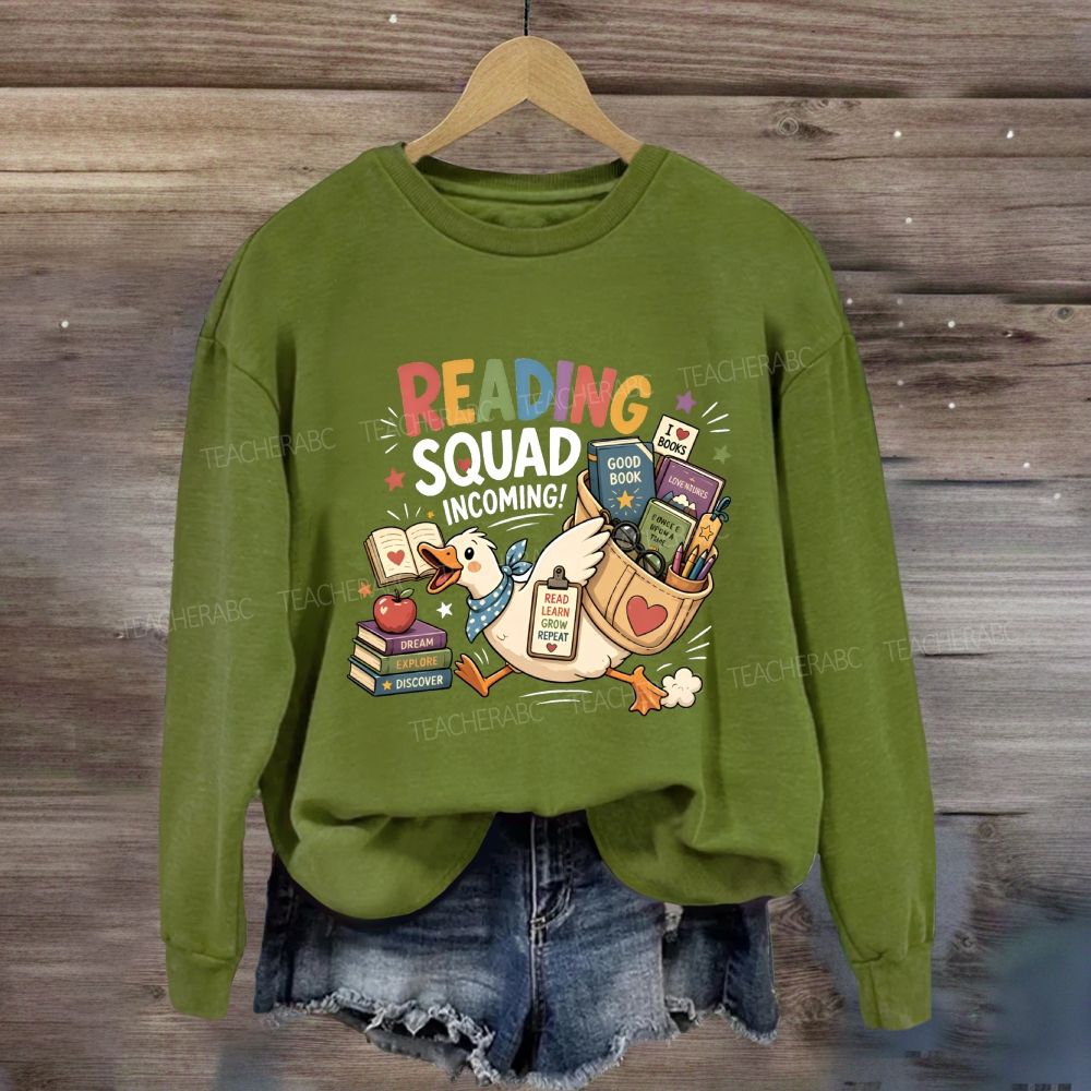 Reading Squad Incoming Colorful Reading Squad Duck With Books Literacy Teacher Sweatshirt