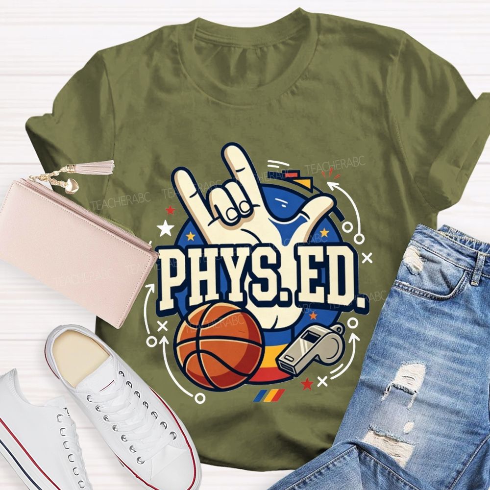 Phys Ed Rock Hand Pe Teacher Basketball Whistle Pe Educator Teacher T-shirt