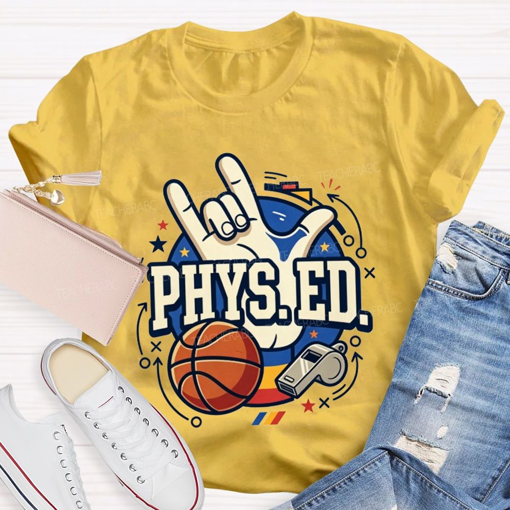 Phys Ed Rock Hand Pe Teacher Basketball Whistle Pe Educator Teacher T-shirt