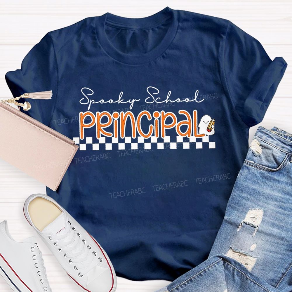 Spooky School Principal Halloween Ghost Pencil Checkerboard T-shirt