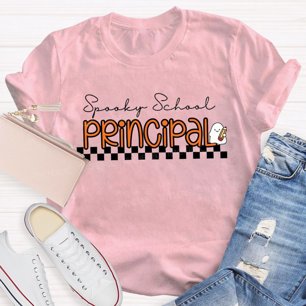 Spooky School Principal Halloween Ghost Pencil Checkerboard T-shirt