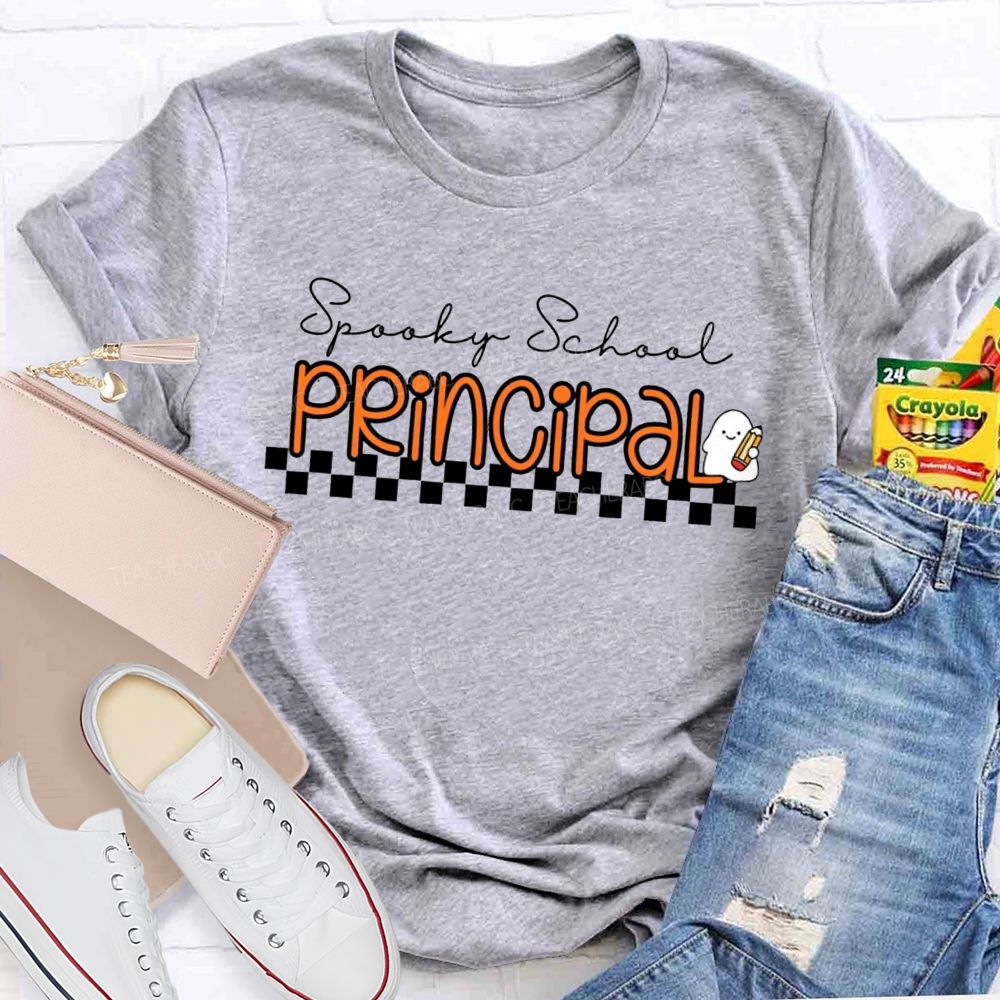Spooky School Principal Halloween Ghost Pencil Checkerboard T-shirt