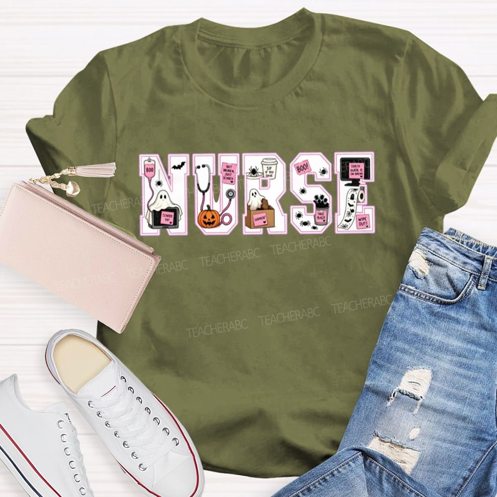 Halloween Nurse Ghost Pumpkin Letter T-shirt
