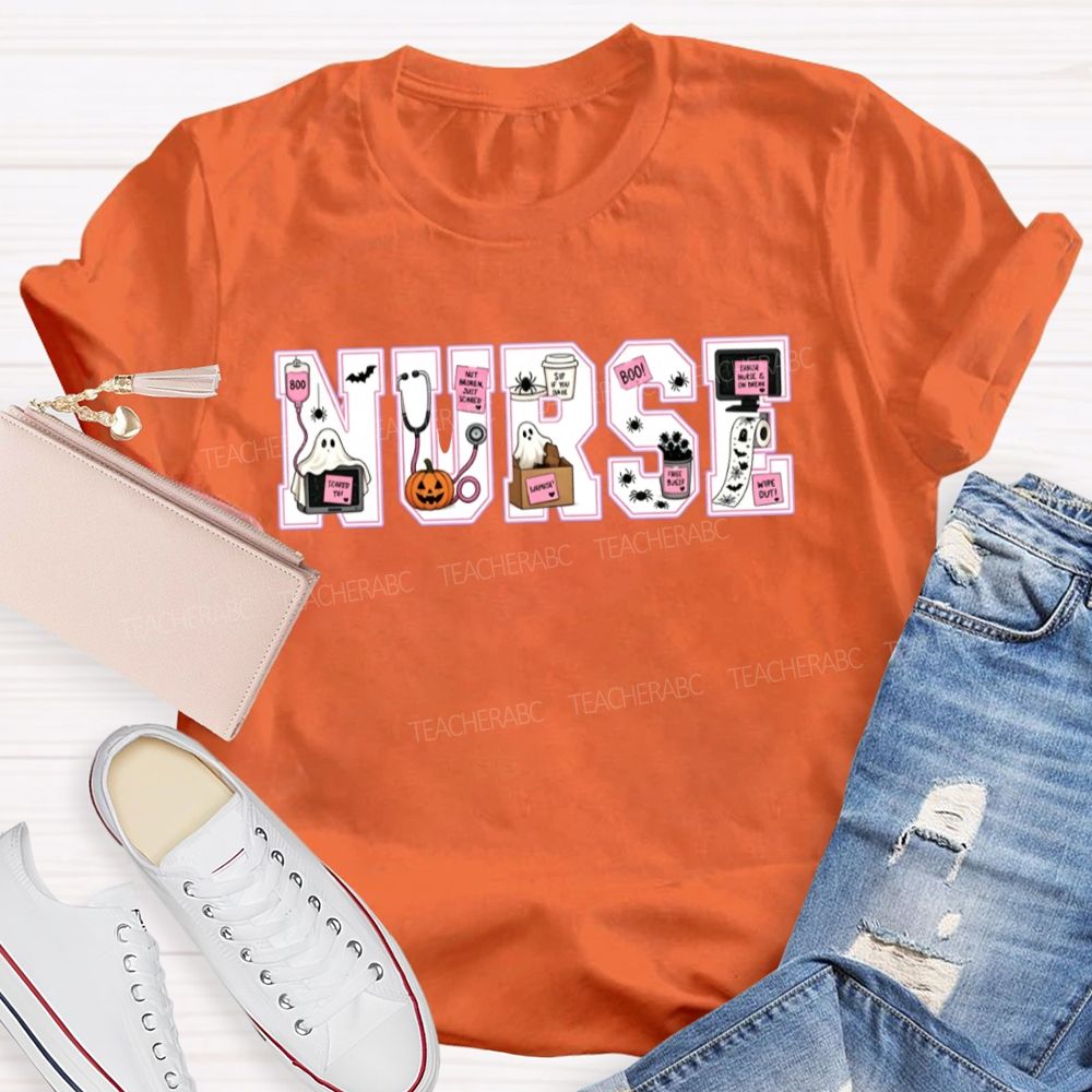 Halloween Nurse Ghost Pumpkin Letter T-shirt