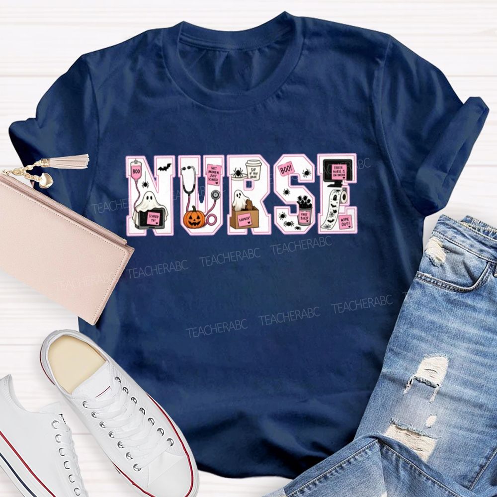 Halloween Nurse Ghost Pumpkin Letter T-shirt