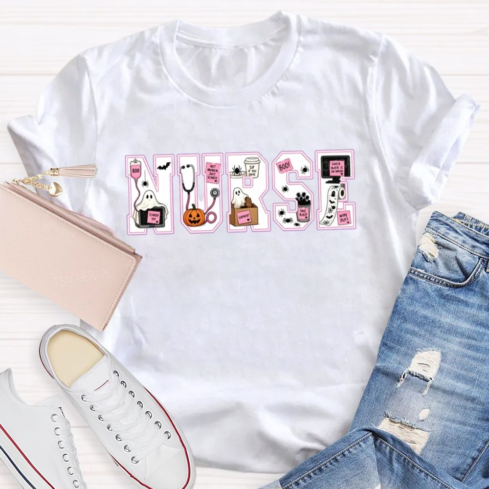 Halloween Nurse Ghost Pumpkin Letter T-shirt