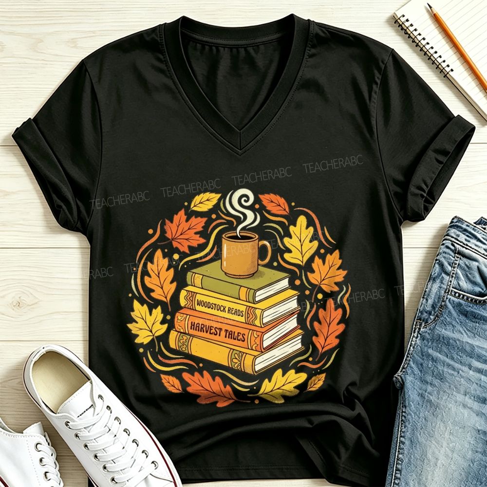 Fall Books Coffee Autumn Maple Leaf Book Lover V Neck T-shirt