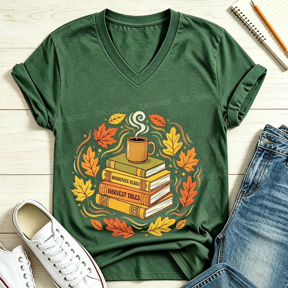 Fall Books Coffee Autumn Maple Leaf Book Lover V Neck T-shirt