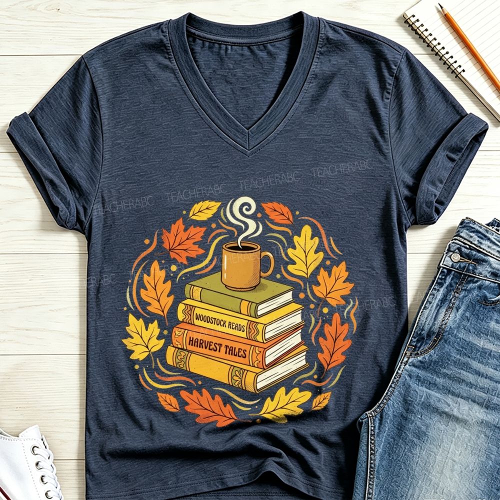 Fall Books Coffee Autumn Maple Leaf Book Lover V Neck T-shirt