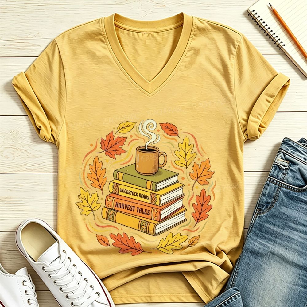 Fall Books Coffee Autumn Maple Leaf Book Lover V Neck T-shirt