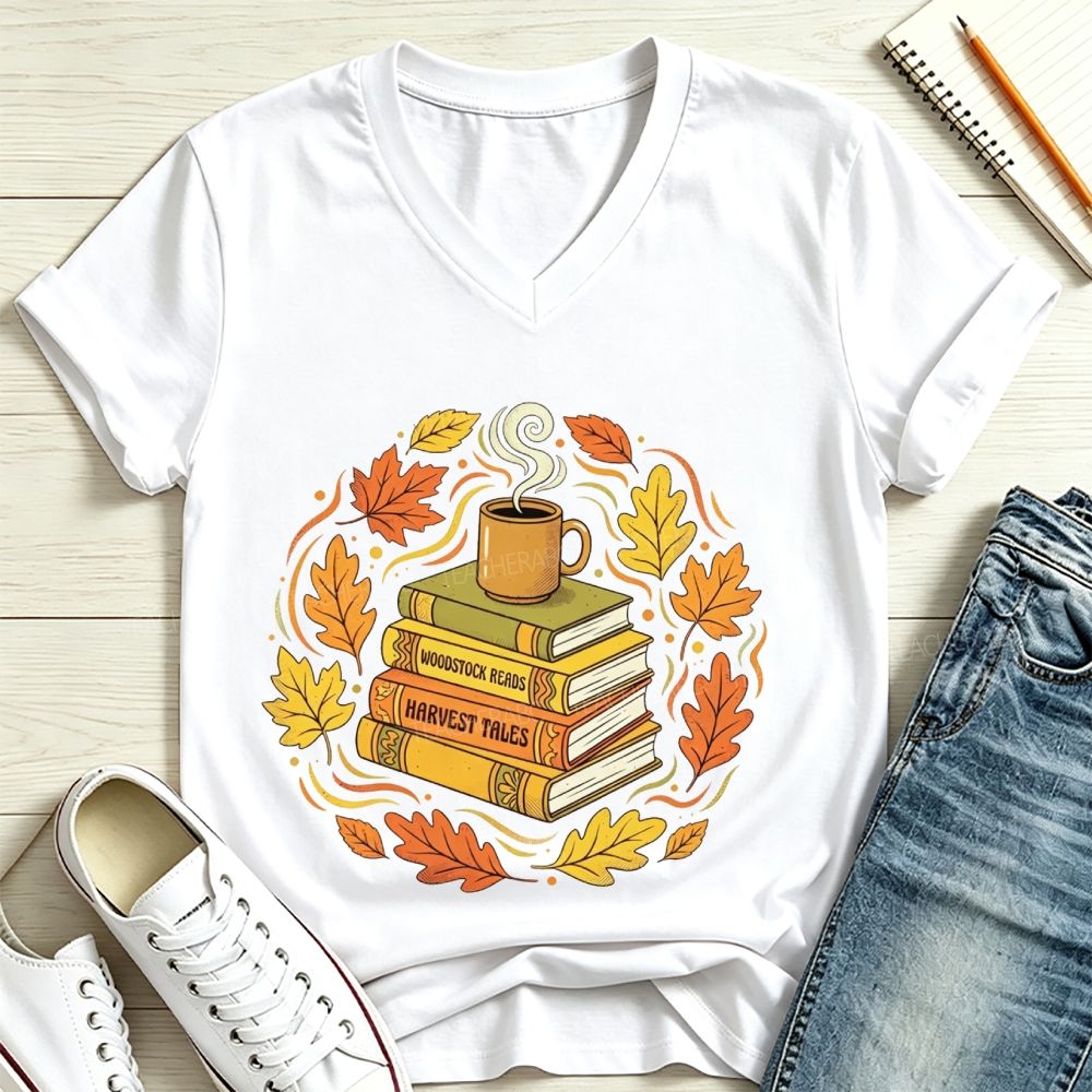 Fall Books Coffee Autumn Maple Leaf Book Lover V Neck T-shirt