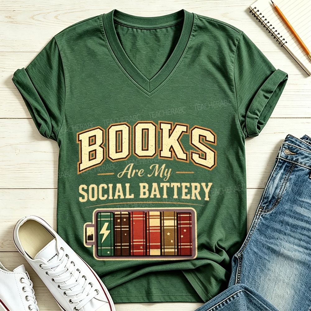 Books Are My Social Battery Retro Book Lover V Neck T-shirt