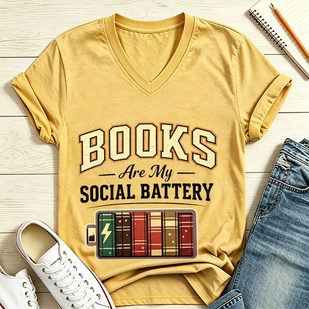 Books Are My Social Battery Retro Book Lover V Neck T-shirt