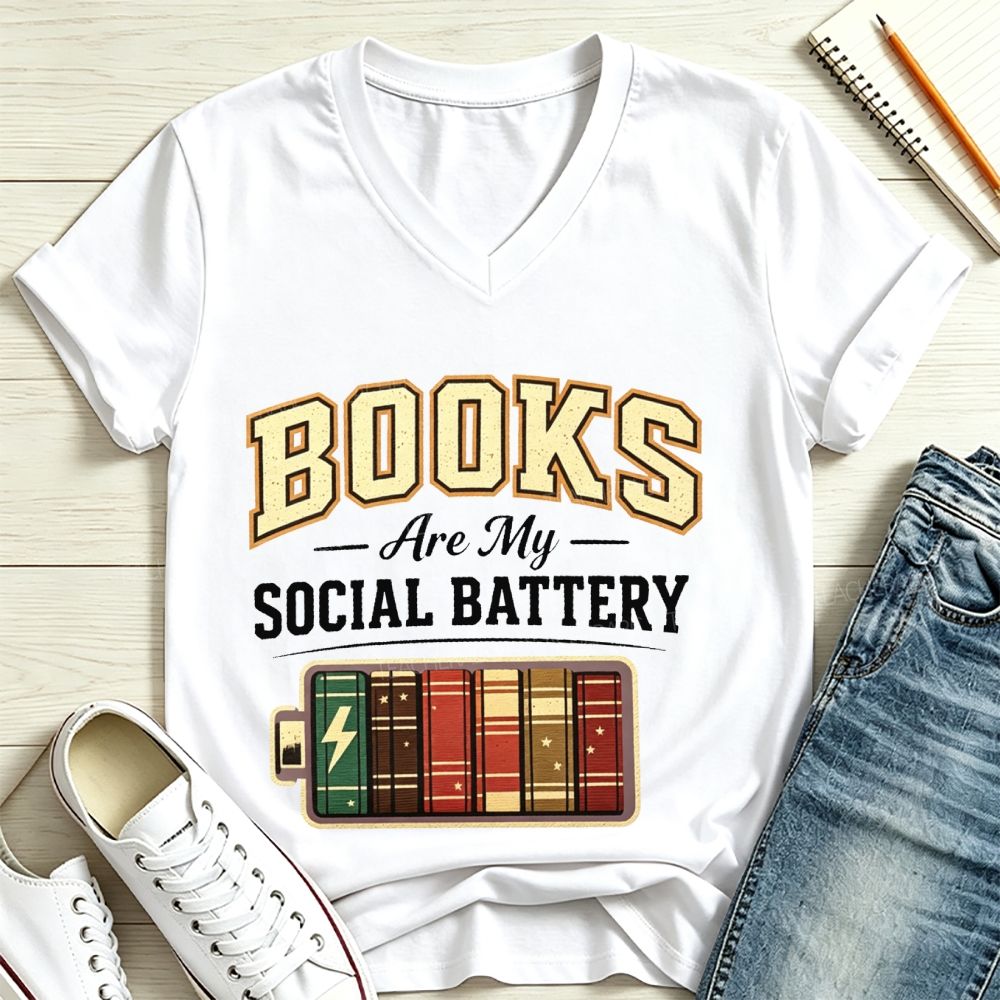 Books Are My Social Battery Retro Book Lover V Neck T-shirt