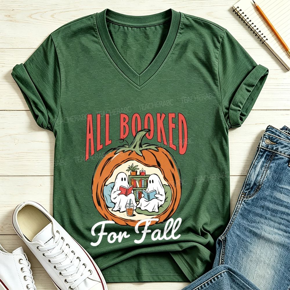 All Booked For Fall Ghost Reading Pumpkin V Neck T-shirt