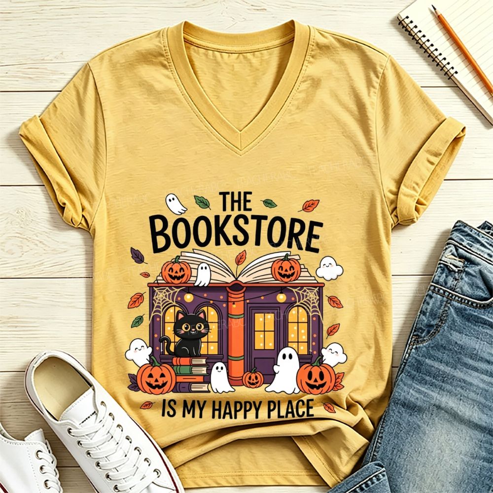 The Bookstore Is My Happy Place Halloween V Neck T-shirt