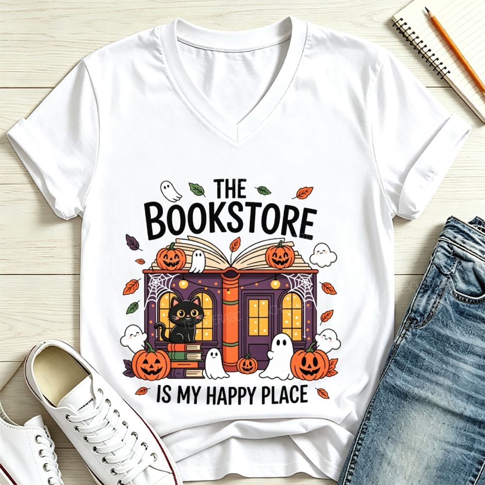 The Bookstore Is My Happy Place Halloween V Neck T-shirt
