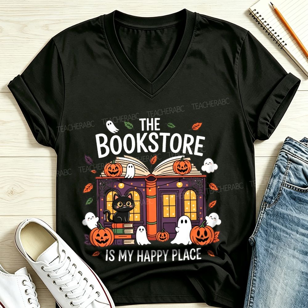 The Bookstore Is My Happy Place Halloween V Neck T-shirt
