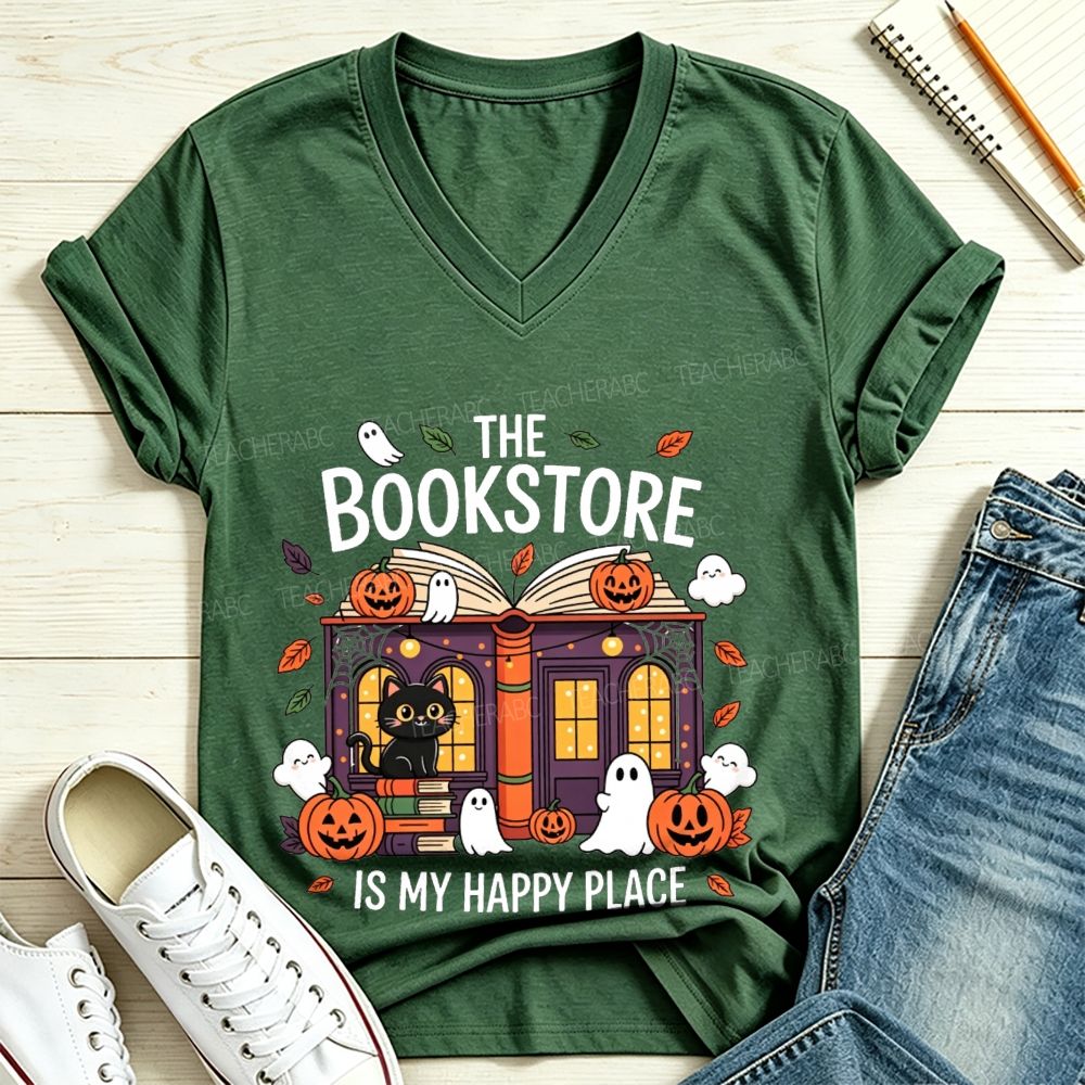 The Bookstore Is My Happy Place Halloween V Neck T-shirt