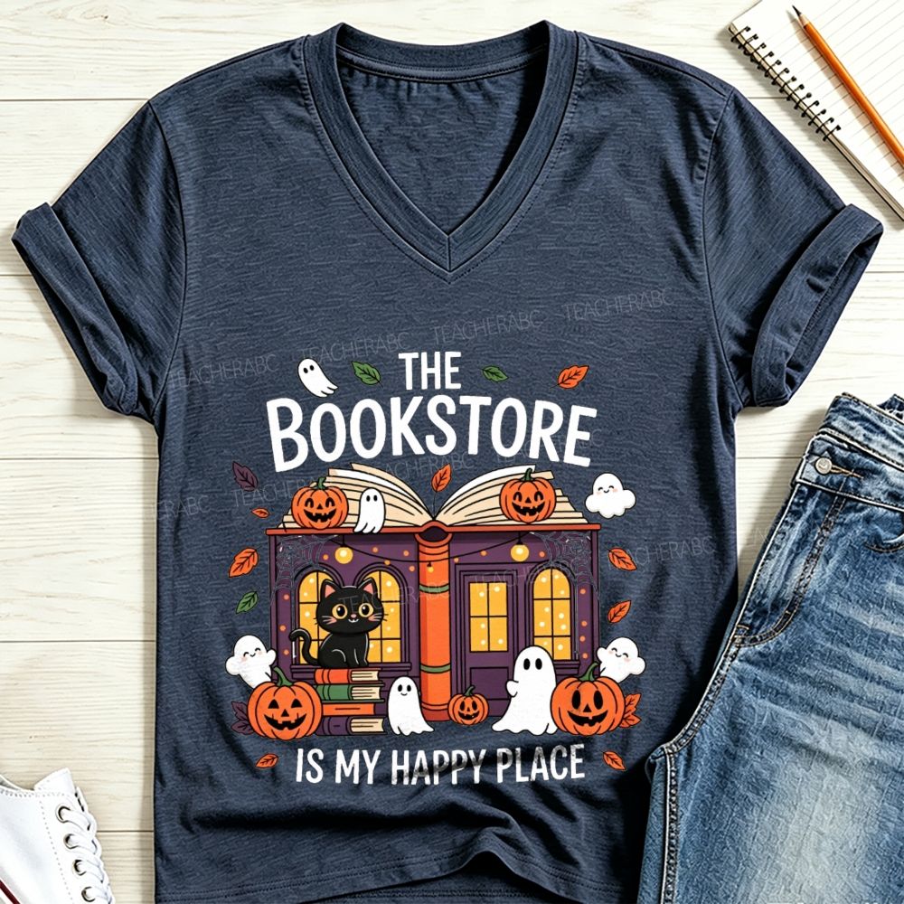 The Bookstore Is My Happy Place Halloween V Neck T-shirt