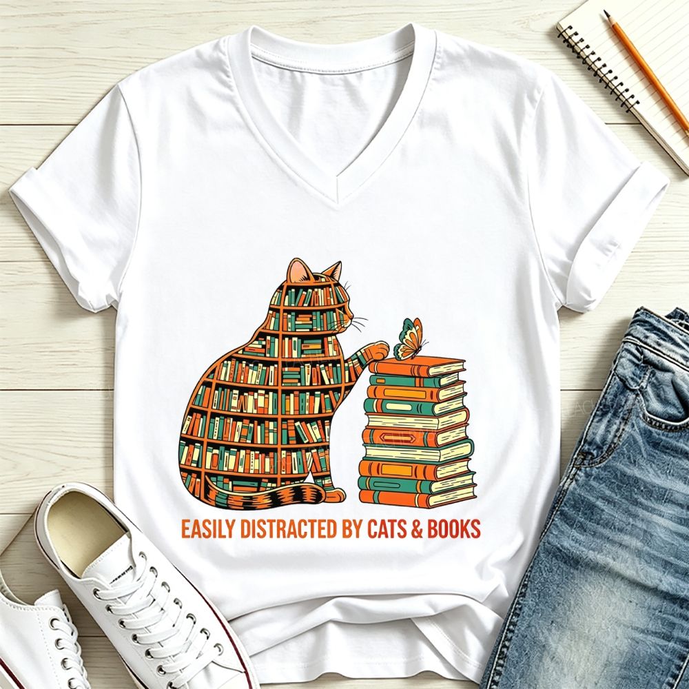 Easily Distracted By Cats And Books V Neck T-shirt