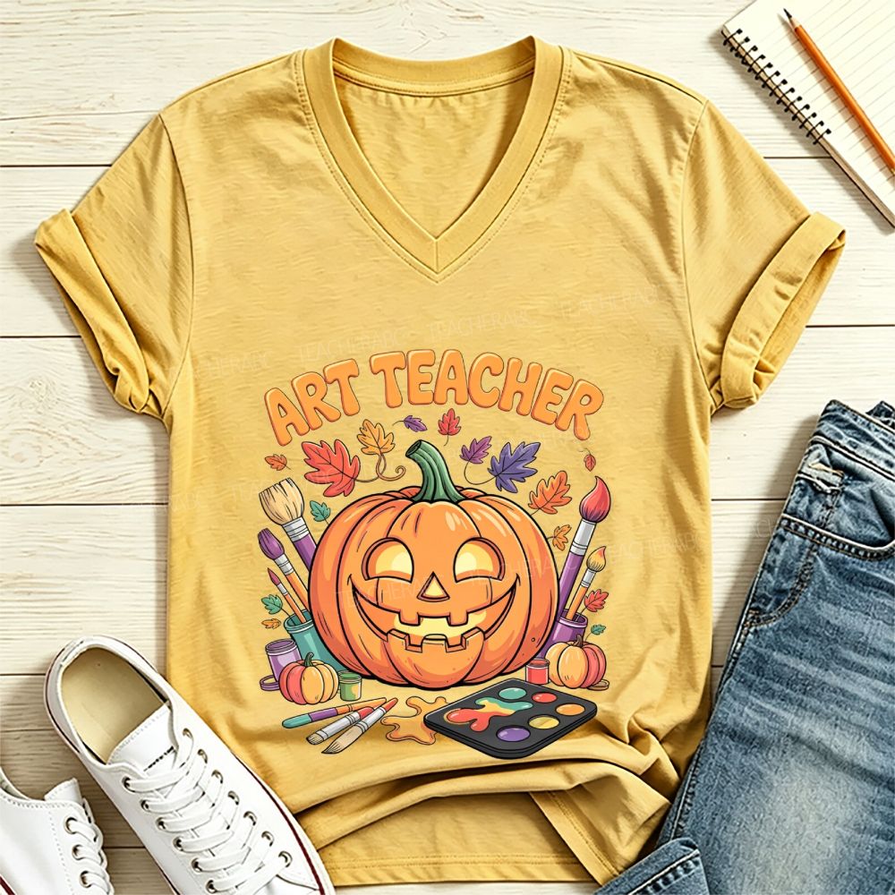 Halloween Paint Supplies Pumpkin Art Teacher V Neck T-shirt