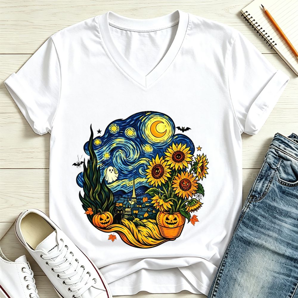 Fall Starry Night Spooky Art Teacher V Neck T-shirt
