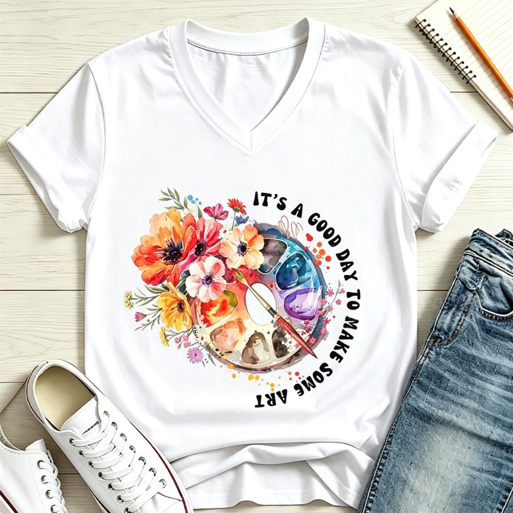 It'S A Good Day To Make Some Art Floral Palette V Neck T-shirt