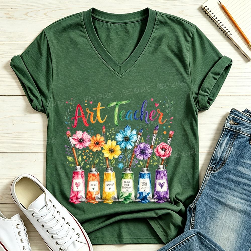 Rainbow Floral Paint Tubes Art Teacher V Neck T-shirt