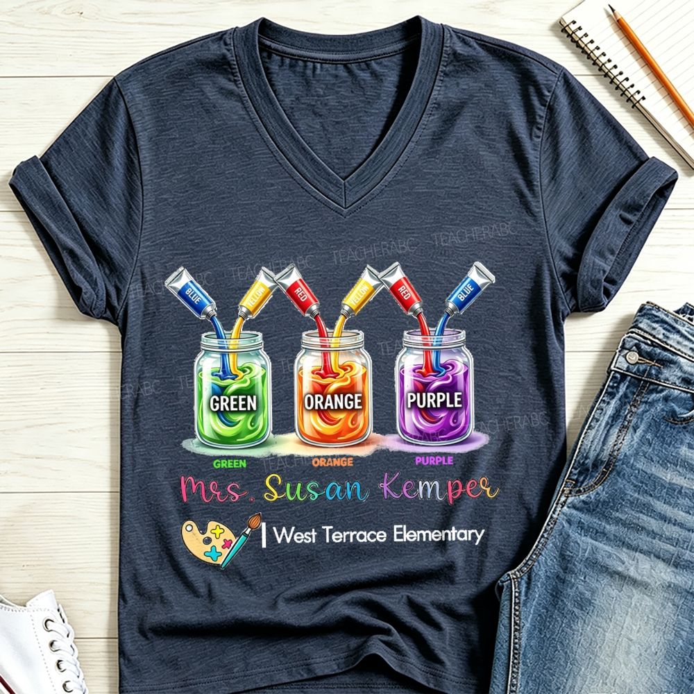Personalized School And Name Primary Color Mixing Art Teacher V Neck T-shirt