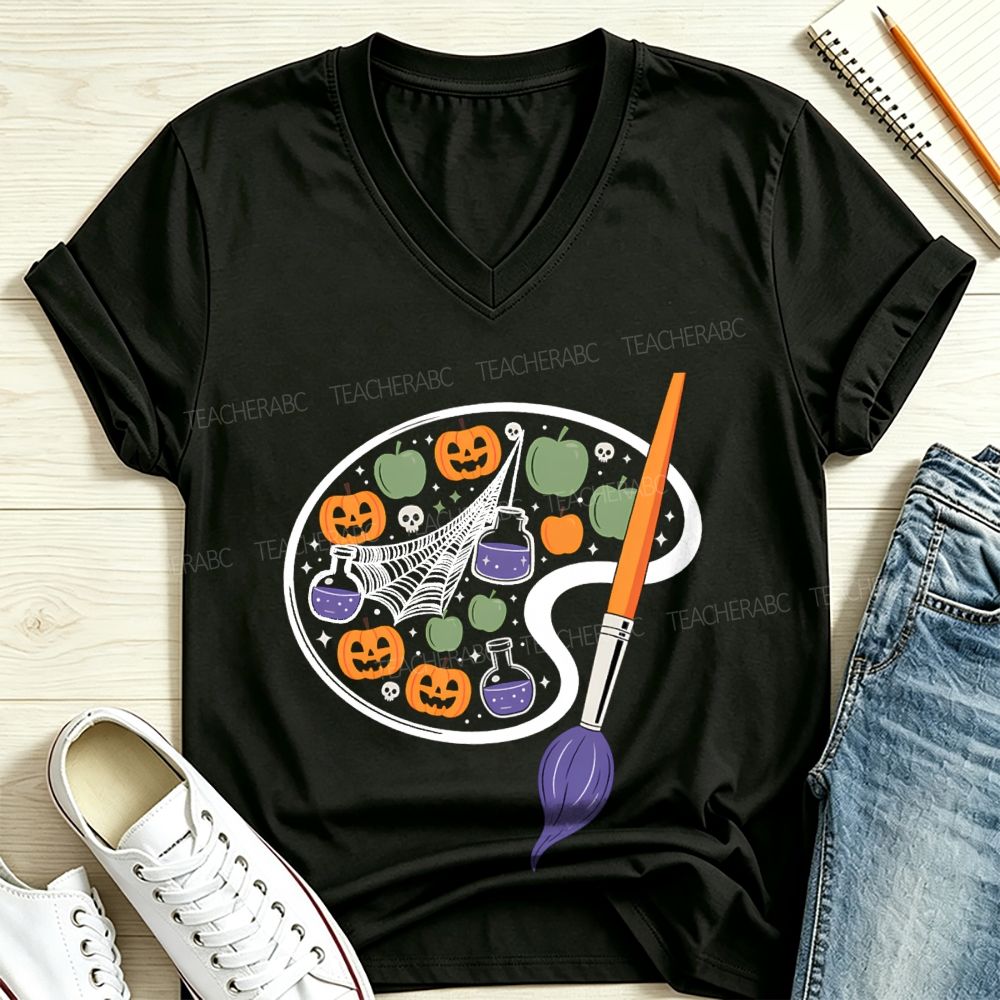 Spooky Art Teacher Paint Palette V Neck T-shirt