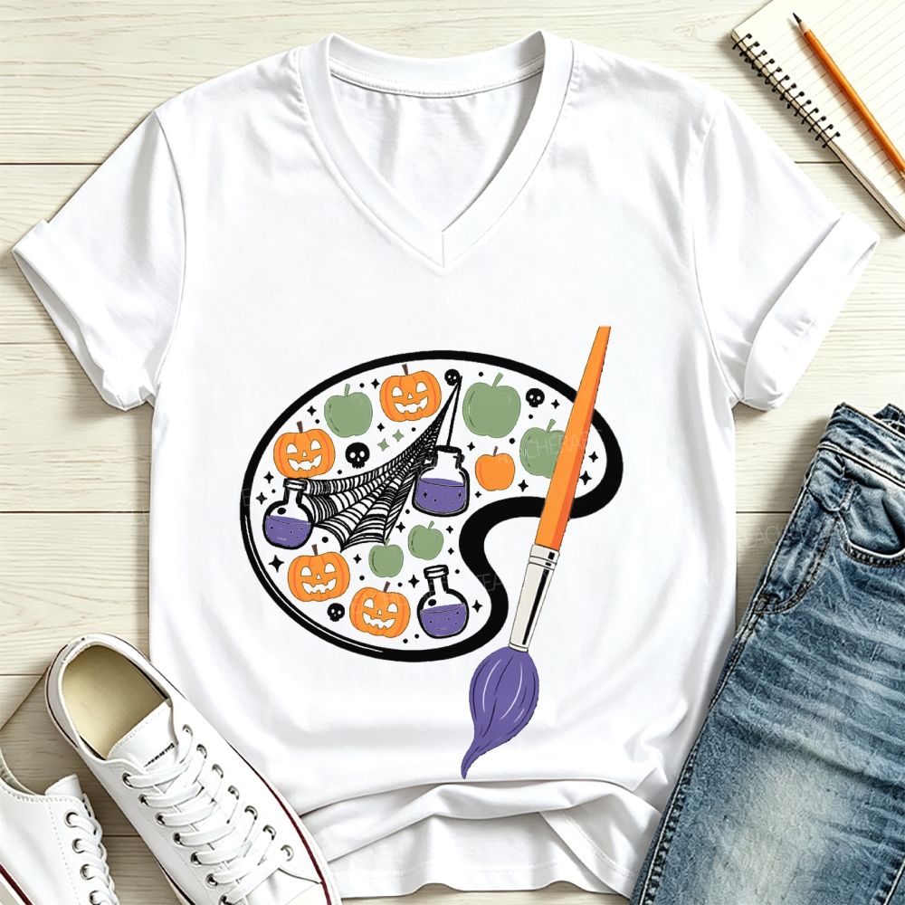 Spooky Art Teacher Paint Palette V Neck T-shirt